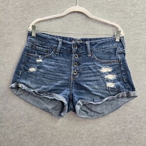 Abercrombie & Fitch Women Shorts‎ 28 Blue Jean Shortie Distressed Button Fly